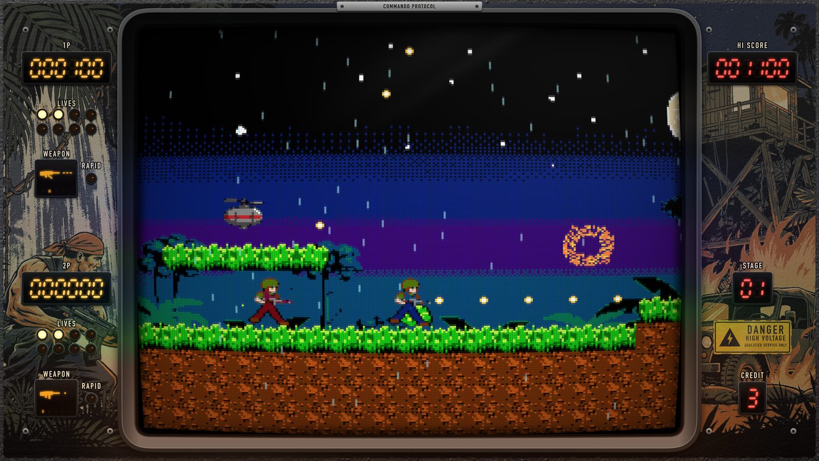 Two commandos, RANGER and VIPER, fighting through the jungle at night, inside the game's drawn arcade cabinet.