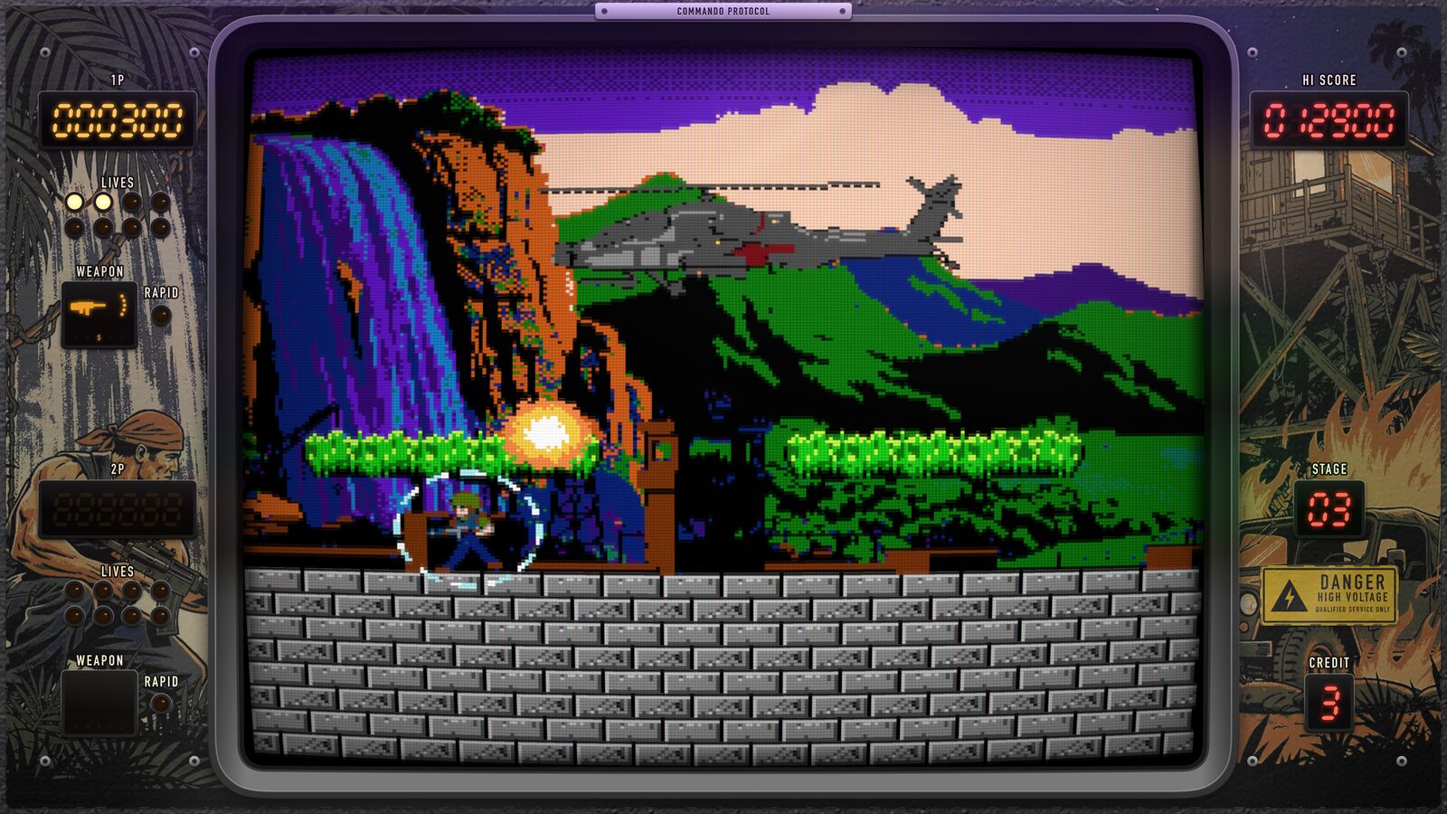 A gunship duel on top of a dam at dawn.